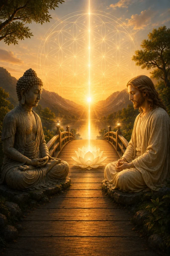 bouddha et jésus qui méditent ensemble sous la lumière du grand soleil central