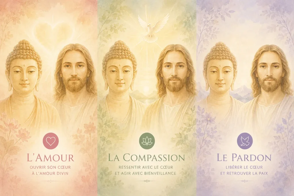 jésus et bouddha qui nous regardent et qui nous parlent de l'amour, du pardon et de la compassion
