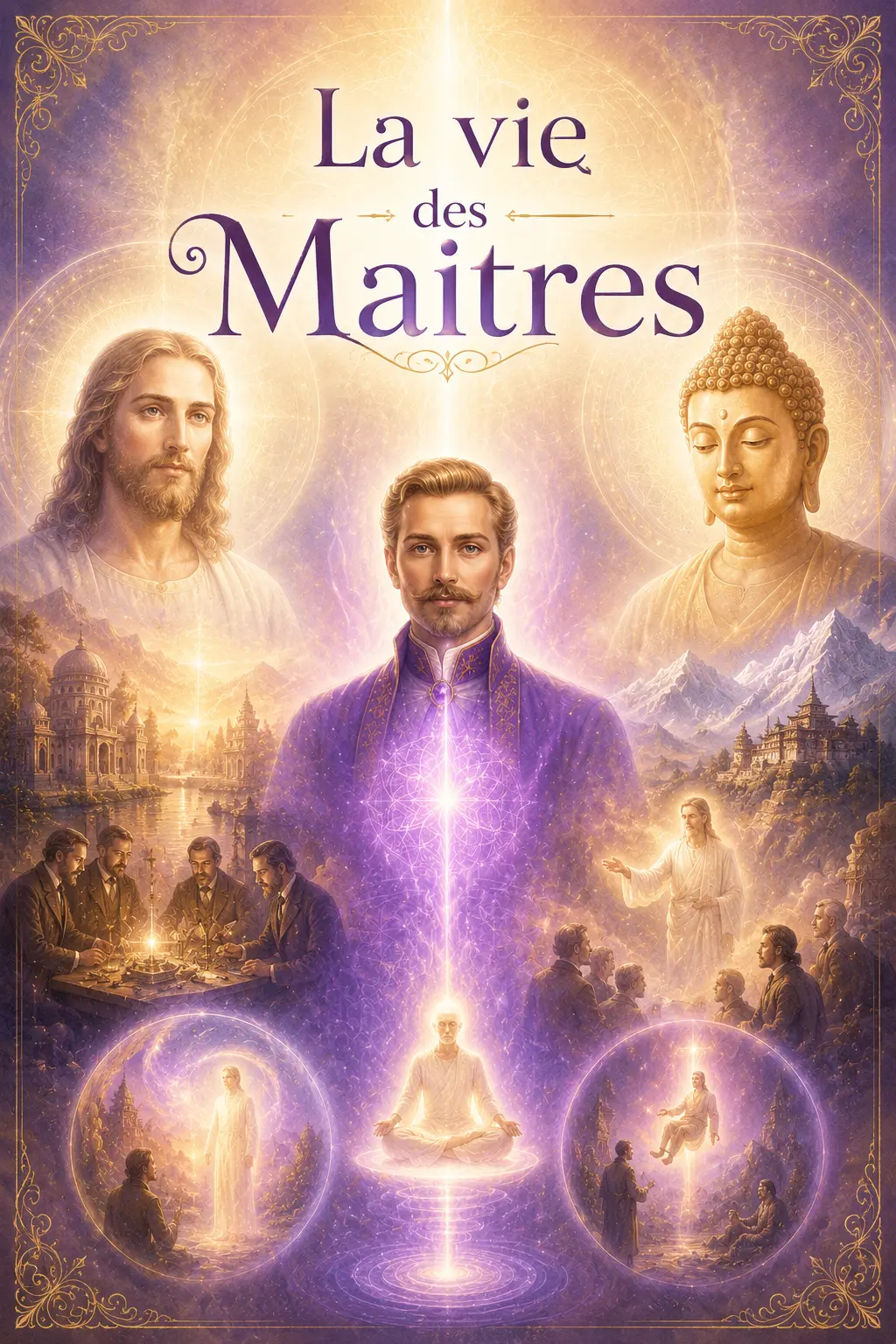 illustration du livre la vie des maitres avec maitre saint germain, maitre jésus et maitre bouddha