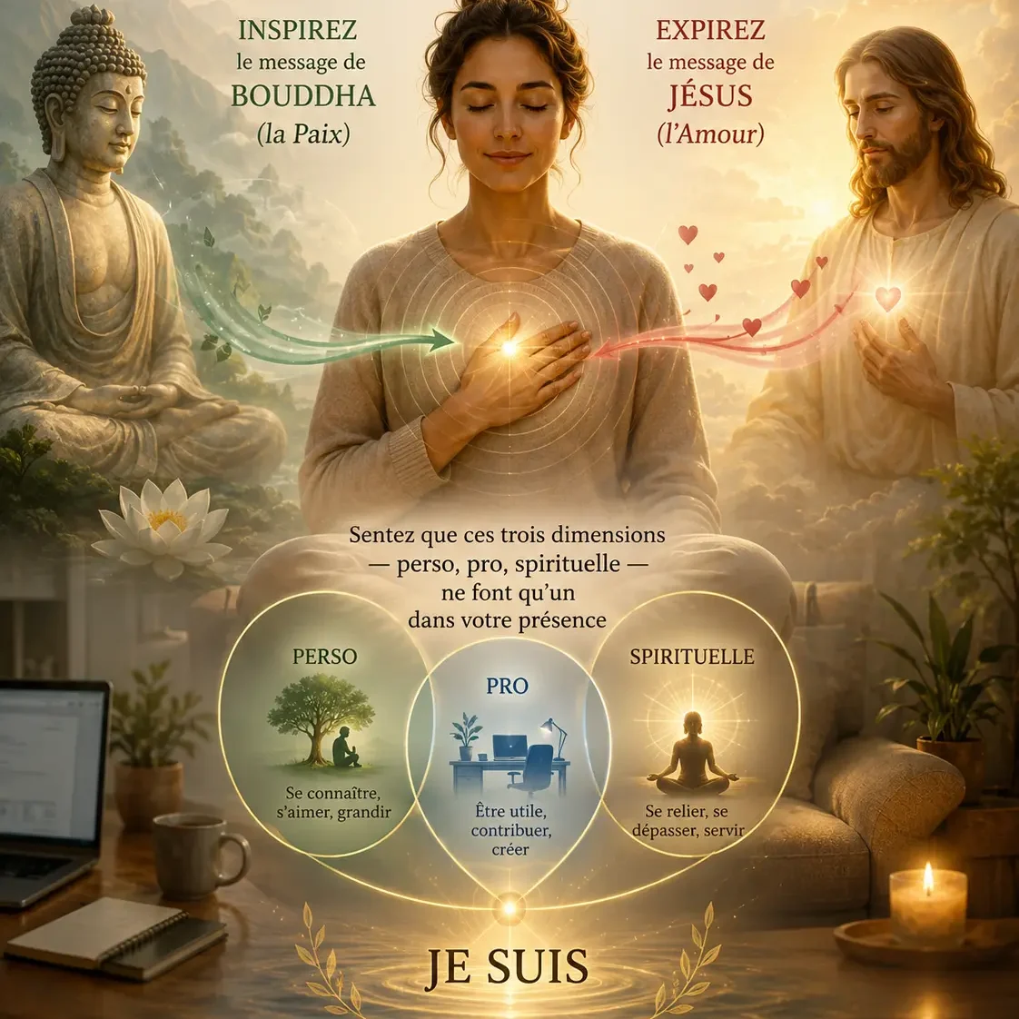 bouddha et jésus qui irradient de leur énergie auprès d'une jeune femme