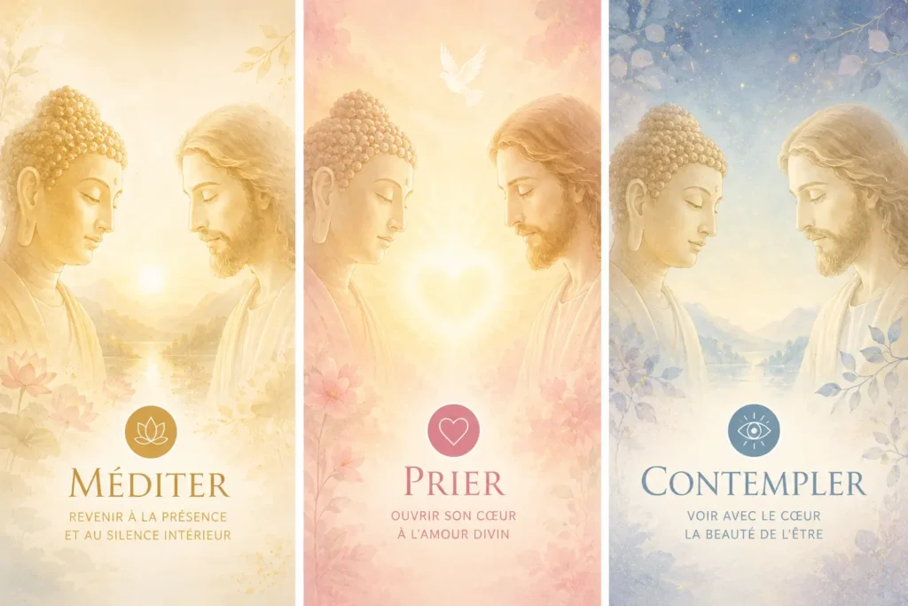 image de jésus et bouddha qui prient, méditent et contemplent tous les deux