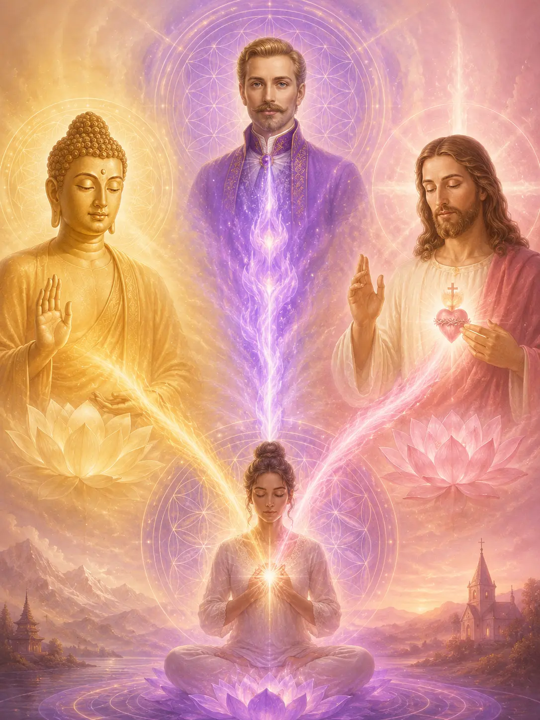 maitre bouddha, maitre jésus, maitres saint germain, et maitre Kwan yin méditent ensemble